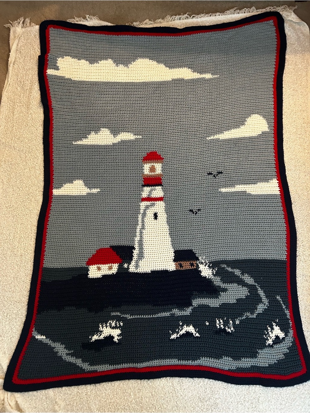 Vintage Handmade Lighthouse Crochet Throw - Blue, White & Red